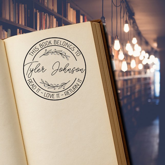 Carimbo Auto Entintado Livro da biblioteca de livraria selo floral person (Criador carregado)