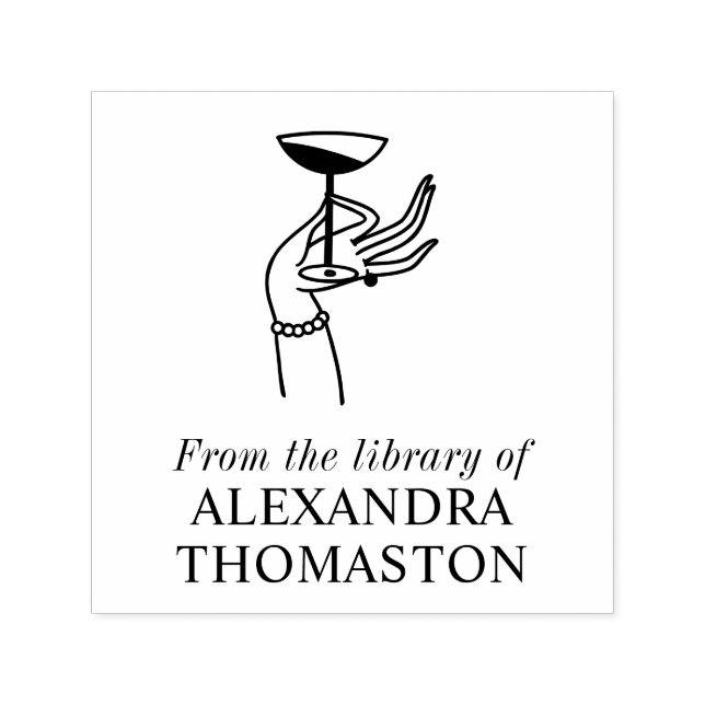 Carimbo Auto Entintado Livro da Senhora Art Déco com Mão Segurando Taça d (Design)