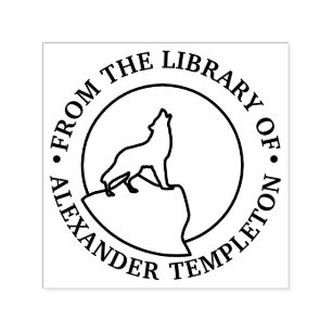 Carimbo Auto Entintado Lobo Rústico Uivando para a Lua Arte Linear Biblio