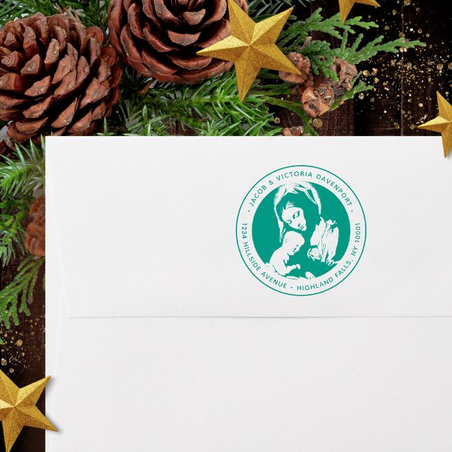 Carimbo Auto Entintado Madonna Católica e Morada Verde de Criança (Religious Christmas return address stamp in green ink with Madonna and Child for Catholics)