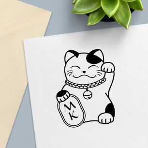 Carimbo Auto Entintado Maneki Neko Gato Sortudo Japonês Monograma
