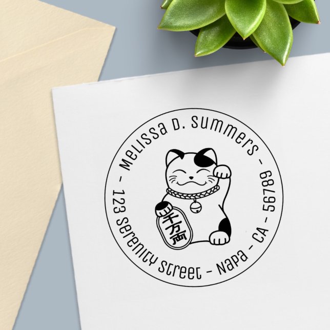 Carimbo Auto Entintado Maneki Neko Japonês Lucky Cat Round Endereço (Criador carregado)