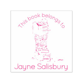 Carimbo Auto Entintado menina lendo livros nome garotinha biblioteca