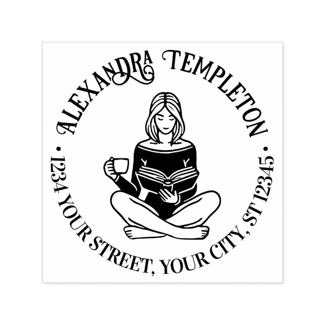 Carimbo Auto Entintado Menina Sentada Com Legenda Cruzada Lendo Endereço  (Design)