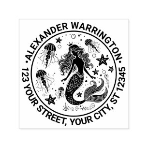 Carimbo Auto Entintado Mermaid Starfish Nome Jellyfish Endereço de Devolu