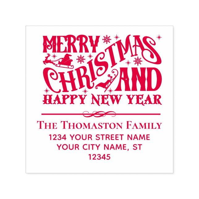 Carimbo Auto Entintado Merry Christmas and Happy New Year Name Address (Design)