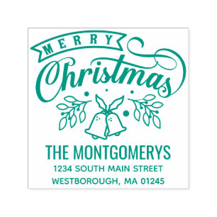 Carimbo Auto Entintado Merry Christmas Bells Monograma Name Endereço de 