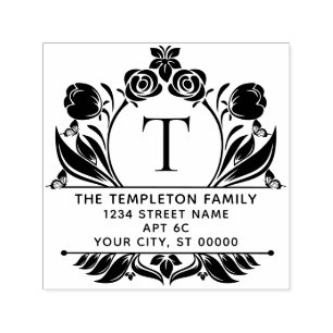 Carimbo Auto Entintado Moldura de Rosas & Tulipas Borda Nome Inicial Ende