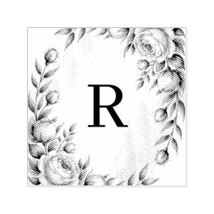 Carimbo Auto Entintado Moldura Floral Aquarela com Inicial Personalizada