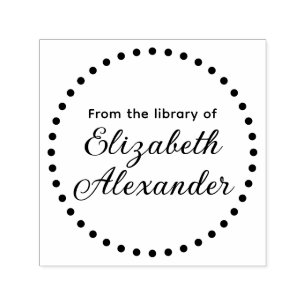 Carimbo Auto Entintado Moldura Redonda Pontilhada “Da Biblioteca de” Nome
