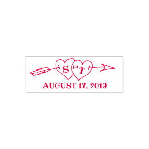 Carimbo Auto Entintado Monograma Corações com Arrow Wedding Salvar a Data