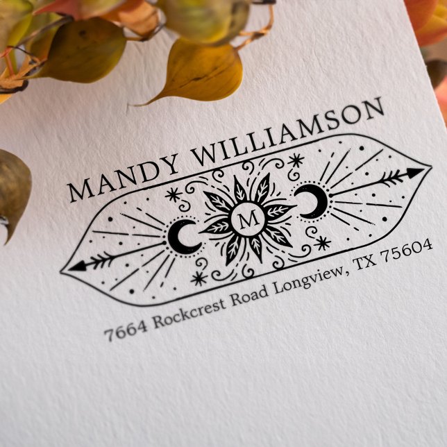 Carimbo Auto Entintado Monograma Holístico Celeste Espiritual do Sol e da (Holistic Spiritual Celestial Sun & Moon Monogram Self-inking Stamp)