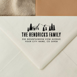 Carimbo Auto Entintado Montanha e Pinheiros Árvores Rústicas Endereço de 