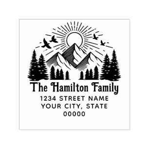 Carimbo Auto Entintado Montanhas Elegantes Árvores Sol Pássaros #2 Nome E