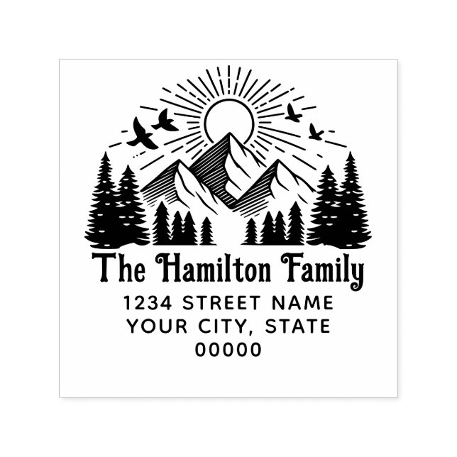 Carimbo Auto Entintado Montanhas Elegantes Árvores Sun Aves #2 Nome Ender (Design)