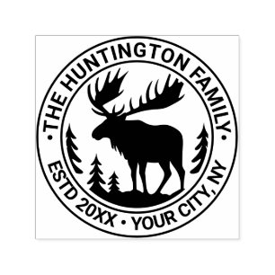 Carimbo Auto Entintado Moose na Floresta Nome da Família Silhouette Data 