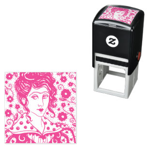 CARIMBO AUTO ENTINTADO MULHER, RETRATO GÓTICO, ARTE FOLK, FLORES E VINHAS