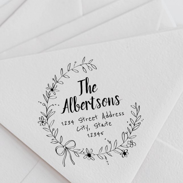Carimbo Auto Entintado Nome da família Floral Ribbon Wreath Endereço de d (Criador carregado)