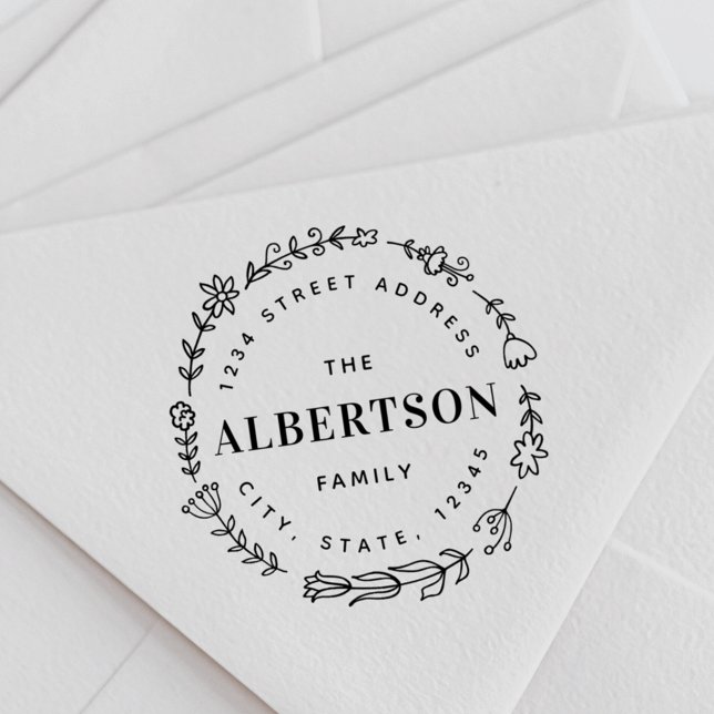 Carimbo Auto Entintado Nome da família Floral Wreath Endereço de devoluçã (Criador carregado)