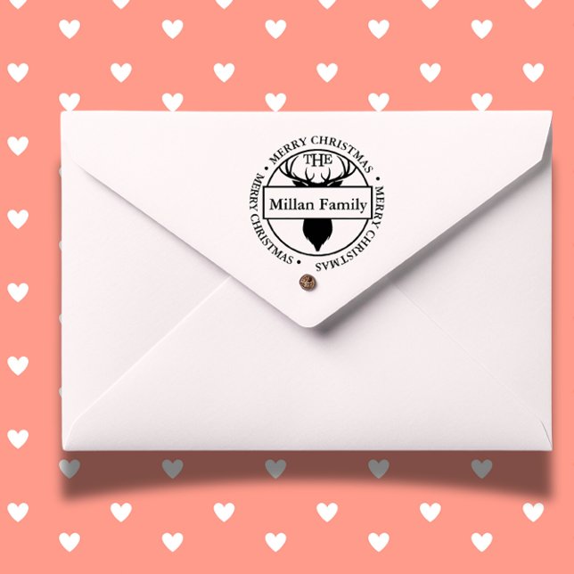 Carimbo Auto Entintado Nome da família Merry Christmas Reindeer (Personalize your holiday cards with a Family Name Merry Christmas Reindeer self-inking stamp.  )