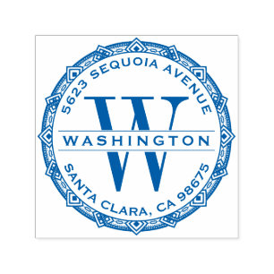 Carimbo Auto Entintado Nome da família Monograma do Ornamentado Azul Ende