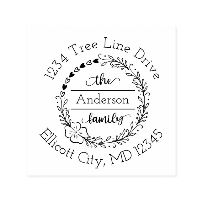 Carimbo Auto Entintado Nome da Família Monograma Floral Heart Wreath (Design)