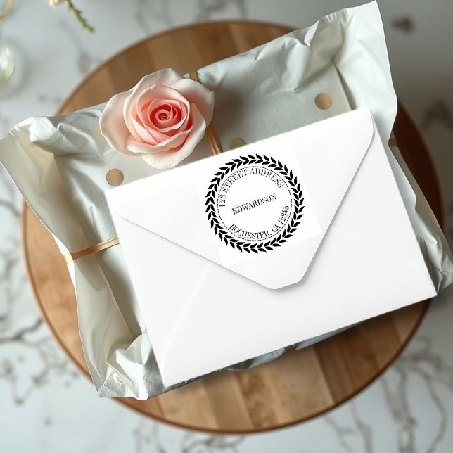 Carimbo Auto Entintado Nome da família rústica moderna (Modern rustic leaves round family name self-inking stamp. You can add your own name and address.)