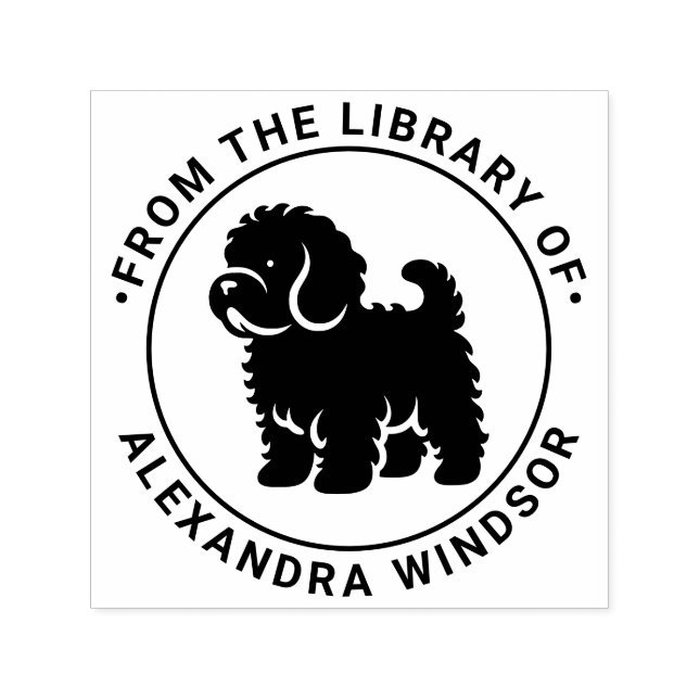 Carimbo Auto Entintado Nome do Livro da Biblioteca Sil Cão Cavapoo em Pé (Design)