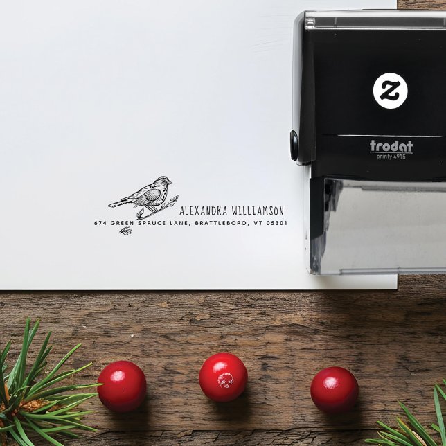 Carimbo Auto Entintado Nome e endereço do pássaro desenhado manualmente e (Vintage Hand-drawn Bird & Branch Name & Address Self-inking Stamp)