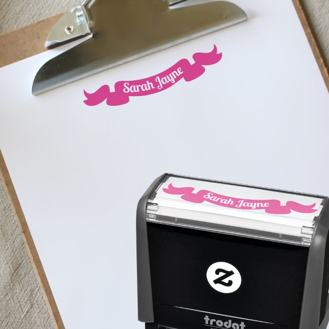 Carimbo Auto Entintado Nome Personalizado do Banner de Fita Rosa Simples (A pretty pink ribbon self inking stamp that you can add your name to)