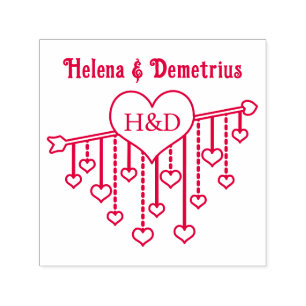 Carimbo Auto Entintado Nomes de casal com iniciais e corações pendurados 