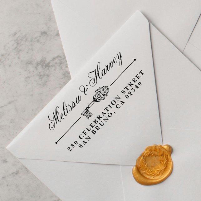 Carimbo Auto Entintado Nomes de Casamento Personalizados de Chave de Vint (Criador carregado)