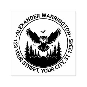 Carimbo Auto Entintado Owl Flying Front View Fir Trees Nome Ret Endereço