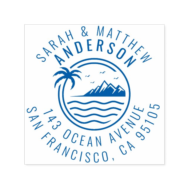 Carimbo Auto Entintado Palm Tree, Mountain & Ocean Endereço do Casal Casa (Design)