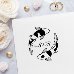 Carimbo Auto Entintado Par de Peixes Koi Japoneses Monograma de Casamento