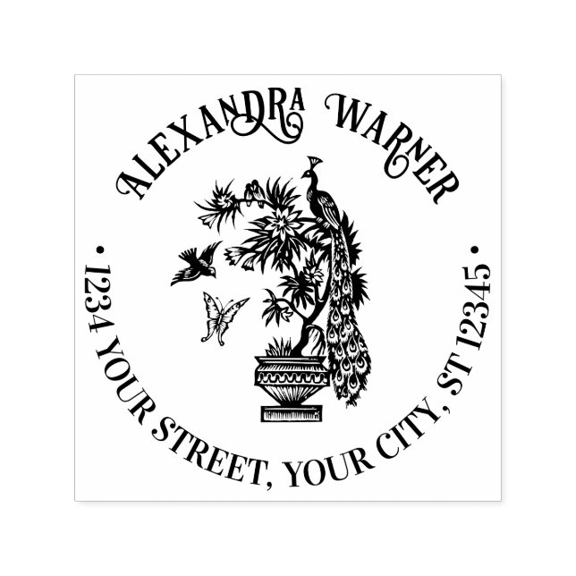 Carimbo Auto Entintado Peacock on Plant Butterfly Endereço: (Design)