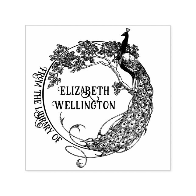 Carimbo Auto Entintado Peacock Rnd Frame Art Nouveau Biblioteca Nome #2 (Design)