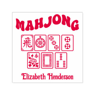 Carimbo Auto Entintado Peças de Mahjong #1 com Texto Retro, Adicione Seu