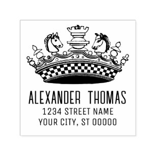 Carimbo Auto Entintado Peças de Xadrez Antigas Coroa Nome Endereço
