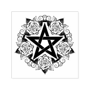Carimbo Auto Entintado Pentagrama negro com flores de Rosa