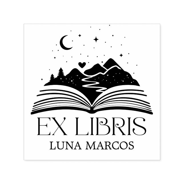 Carimbo Auto Entintado Personalized Ex Libris with a Book and Stars Heart (Design)