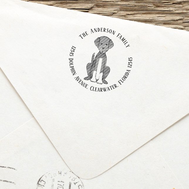 Carimbo Auto Entintado Pet de Família Personalizada de Endereço de Devolu (Black dog return address label stamp.)