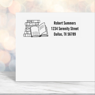 Carimbo Auto Entintado Pilha de Livros e Endereço Aberto do Livro