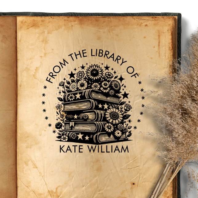 Carimbo Auto Entintado Pilha de livros Floral da biblioteca de selos redo (Criador carregado)