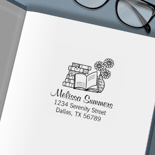 Carimbo Auto Entintado Pilha de Livros, Livro Aberto, Flores - Endereço