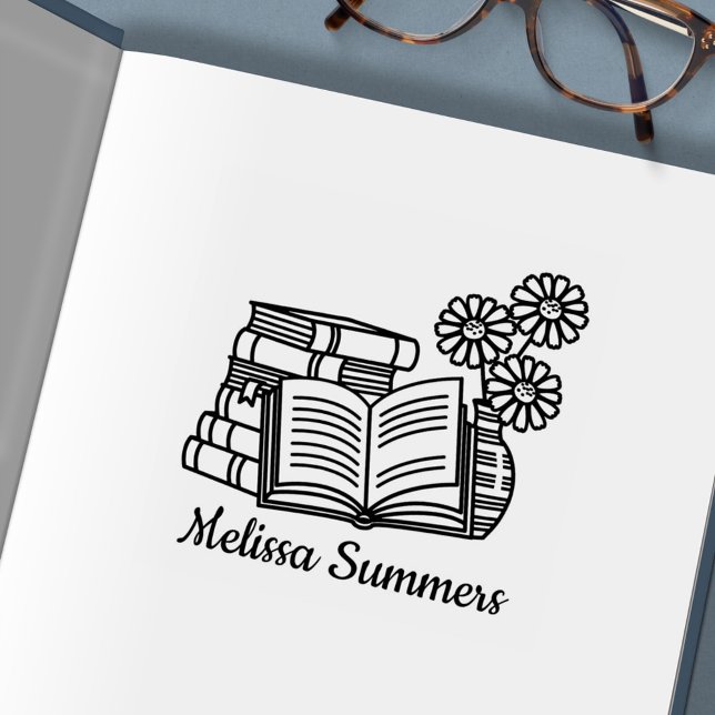 Carimbo Auto Entintado Pilha de Livros, Livro Aberto, Flores - Placa (Criador carregado)