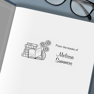 Carimbo Auto Entintado Pilha de Livros, Livro Aberto, Flores - Placa