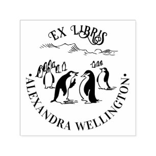 Carimbo Auto Entintado Pinguins Ex Libris Nome do Livro da Biblioteca #1