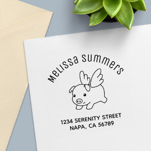 Carimbo Auto Entintado Porco Voador - Piglet com Endereço Wings