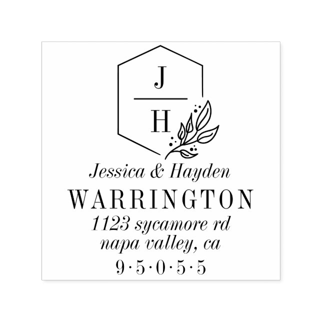 Carimbo Auto Entintado Quadro do Monograma de Folha Elegante | Endereço C (Design)